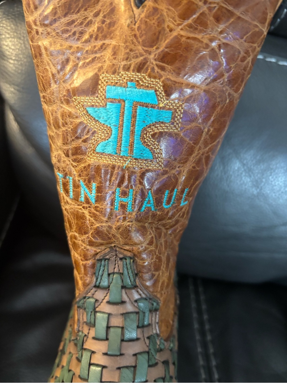 Tin Haul Brown Leather Cowboy Boots with Teal weave and Stitching size 7.5 NWT - Picture 5 of 8